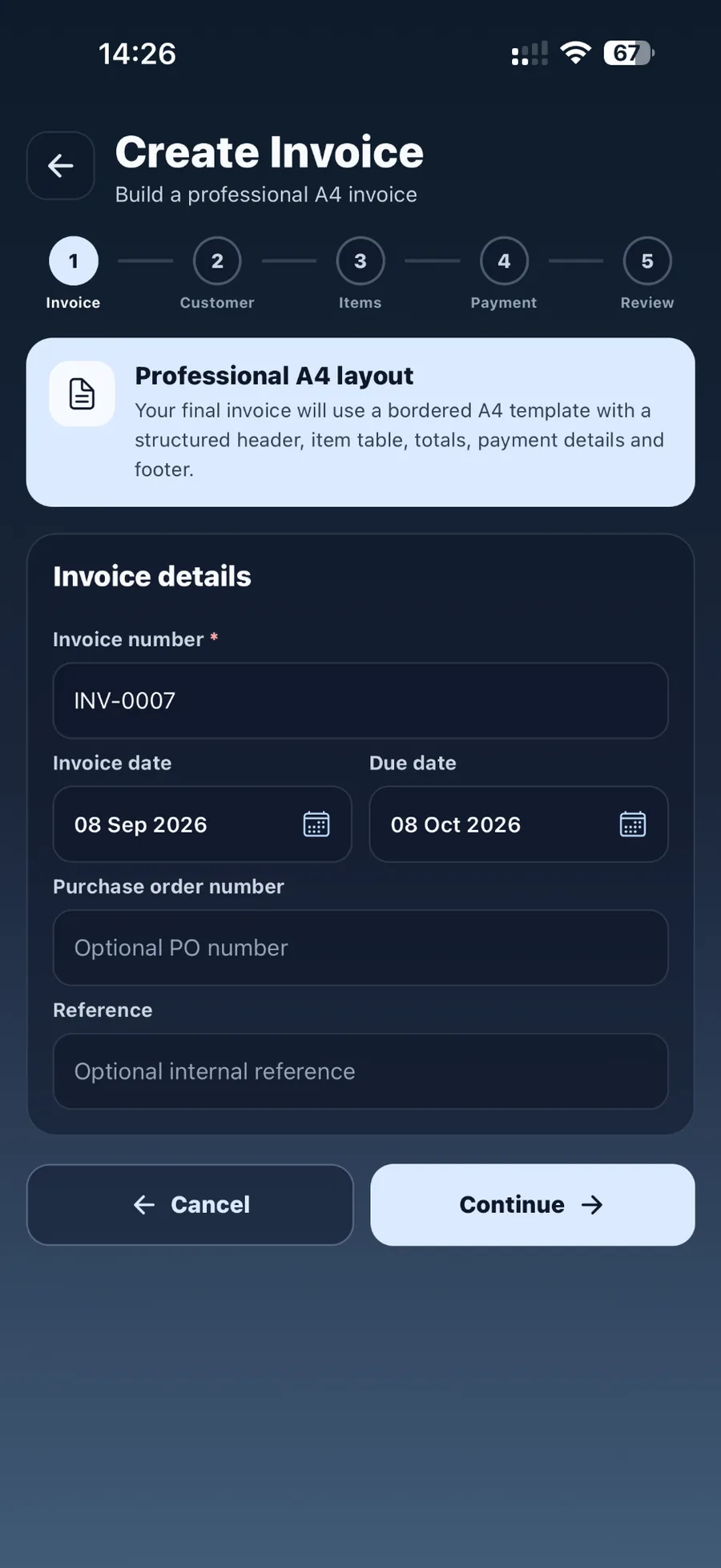 Create a professional invoice in StockTally