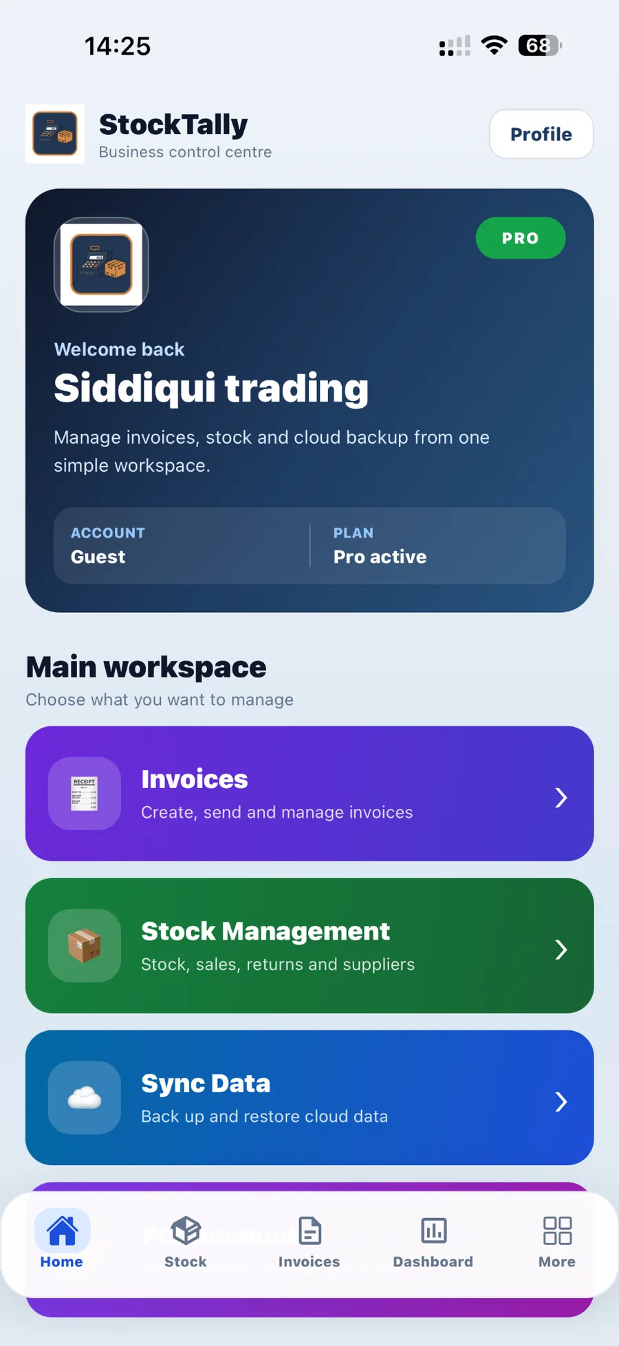 StockTally business control centre screen